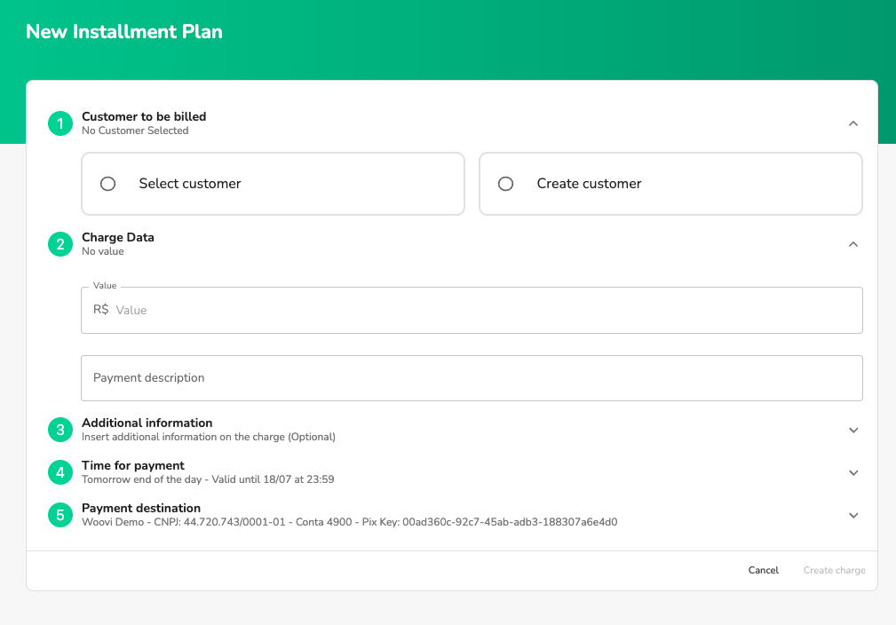 Woovi creation form within the platform